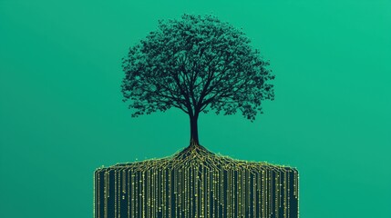 A digital tree with binary code as roots and decision trees as branches, how data informs decision-making at every level