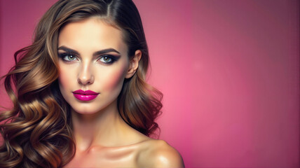 Portrait of a glamorous woman with wavy hair and bold makeup