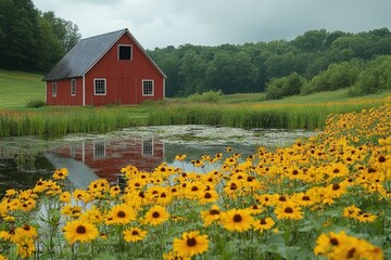 Poster - Red Barn and Yellow Flowers Reflection in a Pond