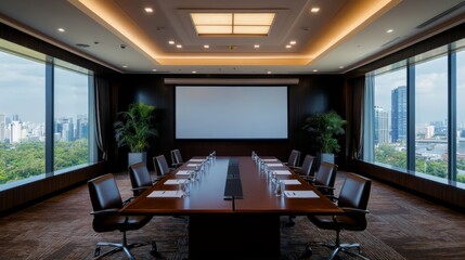 Poster - A well-appointed conference room features a sleek mahogany table, leather chairs, and a large projector screen, all highlighted by expansive windows showcasing the city skyline
