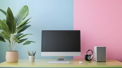 Wall Mural - Front view of an working interior with colorful empty room, computer、green plant、headphones on the table, minimal design, 3d rendering. 