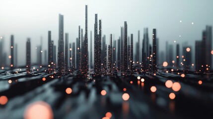 Wall Mural - A futuristic city skyline with tall buildings, each representing a milestone in a company or individual's success, with abstract lights shining from each building