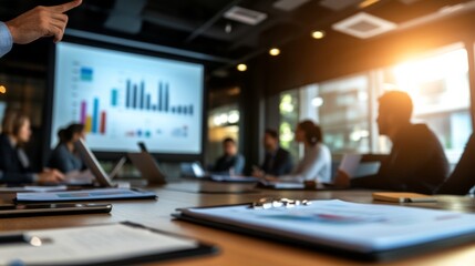 Poster - A group of business professionals attentively participates in a conference room meeting, with a presenter emphasizing key points from dynamic graphs and charts displayed on a screen
