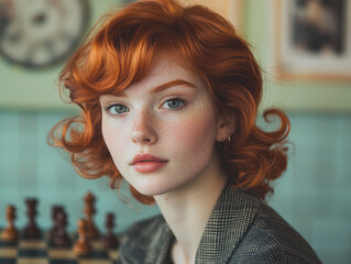 A young woman with vibrant red hair and soft curls gazes thoughtfully, showcasing her freckles and natural beauty in cozy, retro setting