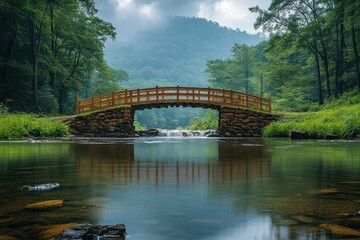 Canvas Print - Serene Wooden Bridge Over a Tranquil River