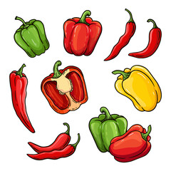 Wall Mural - set of bell pepper illustration in doodle style. hand drawn bulgarian pepper. sketch red hot chili p