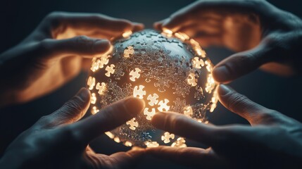 Poster - A globe surrounded by interconnected hands passing glowing puzzle pieces, global outsourcing and teamwork