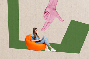 Poster - Composite artwork collage image picture of mini girl use laptop big arm fingers gun point isolated on creative background