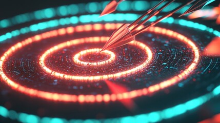 Wall Mural - A glowing target with multiple arrows, each representing different key performance indicators, hitting various concentric circles in a futuristic setting