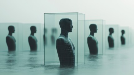Poster - A group of abstract human figures inside individual transparent cubes, unable to connect with each other, fragmented communication and lack of collaboration