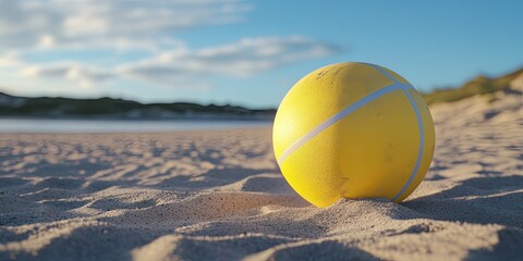 Yellow beach ball sitting on a sandy beach with a blue sky and white clouds in the background.