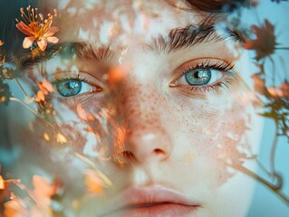 Poster - Close-Up Portrait of a Woman with Flowers Overlaid