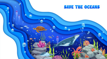 Wall Mural - Save the ocean paper cut poster with underwater landscape and marine animals as a turtle, fish, jellyfish, octopus, seal and coral reefs, conveys themes of environmental conservation, ocean protection