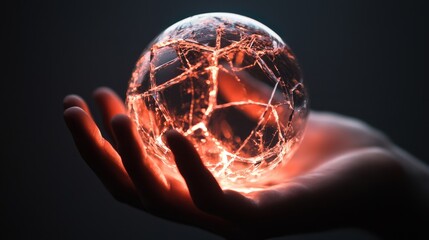 Poster - A hand holding a shattered glass sphere, with the cracks glowing and starting to reform, the process of fixing and managing crises to restore stability