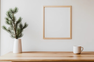 Mockup of a wooden table with a white wall, poster frame, coffee cup on the side, and a pine tree in a vase, showcasing a Scandinavian home interior design. The room is brightly lit, minimalist style