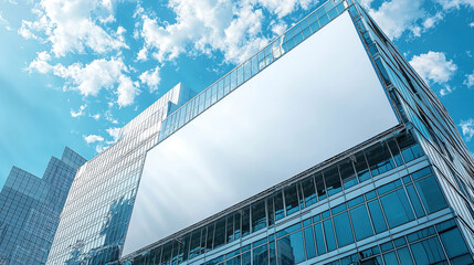 A large blank billboard on side of modern office building reflects vibrant blue sky and fluffy clouds, creating striking urban scene