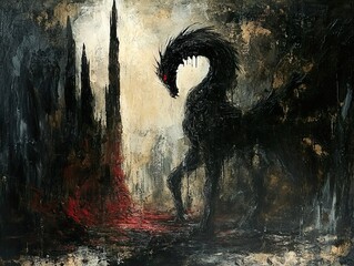 Sticker - Dark Fantasy Black Dragon Painting - Gothic Creature Art