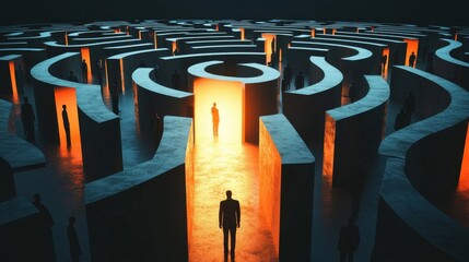Wall Mural - a labyrinth filled with human icons at various points, with some advancing toward illuminated doors 