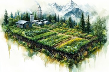 Poster - Mountain Farm Watercolor