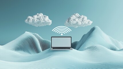 Poster - A laptop floating in a serene mountain landscape, surrounded by clouds shaped like Wi-Fi signals