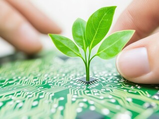 A sprout emerges from a microchip, symbolizing the intersection of technology and nature, highlighting innovation in sustainability.