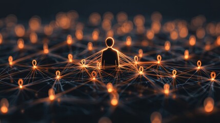 Poster - A leader at the front of a group, surrounded by glowing lines connecting to each person, illustrating the interconnectedness of leadership and team development