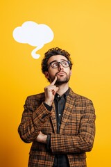 Wall Mural - A man in glasses is looking up at a white cloud with a question mark. Concept of curiosity and wonder, as the man ponders the meaning of the cloud