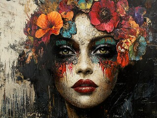 Wall Mural - Woman with Floral Crown - Abstract Portrait Painting