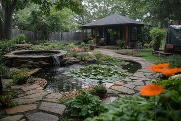 Canvas Print - Stone Pathway and Pond in a Backyard Oasis