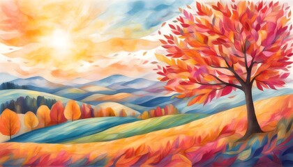 Vibrant watercolor depiction of autumn leaves and tranquil scenery