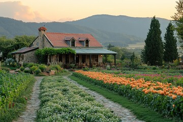 Poster - Stone Cottage with Flowers and Mountains