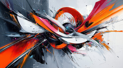 Poster - Futuristic abstract art piece featuring dynamic shapes and vibrant colors, including orange, black, and white. energetic composition evokes sense of movement and creativity