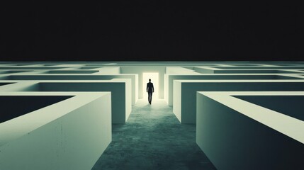 Wall Mural - a person walking through a maze-like office space, with a single exit door glowing at the end. conce