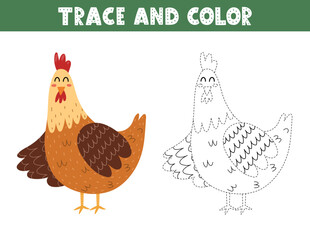 Sticker - Trace and color game for kids with a cute hen. Activity page with a funny farm character. Great for coloring book. Vector illustration