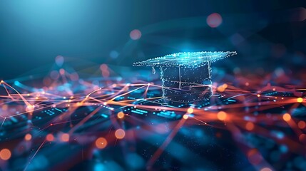 Aufkleber - A digital graduation cap made from glowing lines and dots floating above a technological network grid, set against a dark blue background, representing the transformative power of education