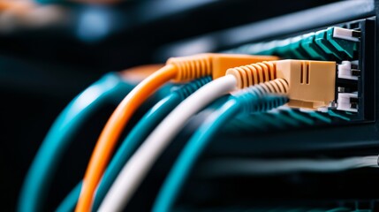 Poster - A network switch connects multiple colored cables, showcasing orderly ports and promoting the theme of digital infrastructure in a well-lit environment