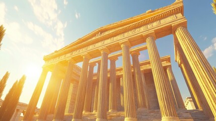 A majestic ancient Greek temple with grand marble columns, bathed in golden sunlight, set against a clear blue sky, representing the glory of classical architecture.