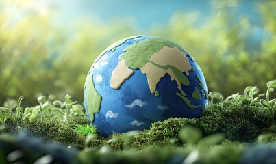 A clay globe, depicting Earth, is nestled amongst green foliage, representing the importance of preserving our planet.