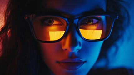 Wall Mural - Closeup of woman wearing glasses reflecting light in cyberpunk style