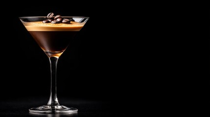 A luxurious martini glass showcases a rich espresso cocktail, elegantly topped with three coffee beans, all set against a deep black background, enhancing its sophistication