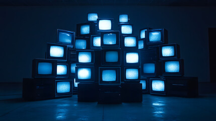 stack of old televisions, stacks of tvs monitors in empty room panorama blue lighting indoor background group of old equipment devices graphic dynamic composition display 3d realistic render