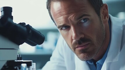 Poster - A researcher in a sterile lab intently peers into a microscope, analyzing cellular structures with digital overlays revealing critical findings in a futuristic environment