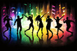 © Athichai - Disco party wallpaper with silhouettes of people dancing amidst rainbow lights for use as a background or backdrop.
