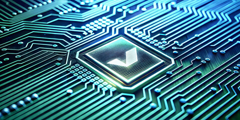 Poster - Macro Shot of Glossy Circuit Board Pattern Representing Digital Voting Systems: Trace Lines, Election Technology, and Security | Stock Photo