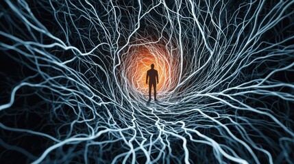 Wall Mural - a tangled web of paths with a glowing figure standing at the center, each path branching out into va
