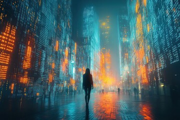 Canvas Print - Neon Cityscape with Digital Buildings and a Lone Walker