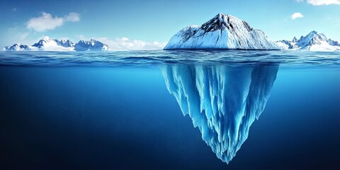 A large iceberg floats in the ocean, with most of its mass hidden beneath the water's surface.