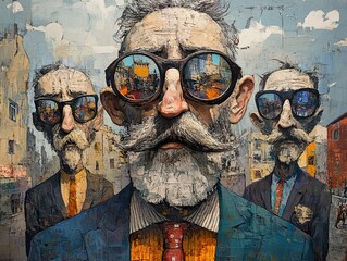 Wall Mural - Three Men in Suits with City Reflections in Their Glasses