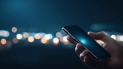 Poster - A sleek smartphone is held vertically in a hand, showcasing its slim design against a blurred tech lab backdrop illuminated by soft blue and white lights, providing a striking visual appeal