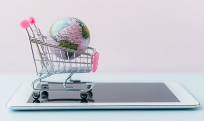 A miniature shopping cart with a globe inside sits on a white tablet.